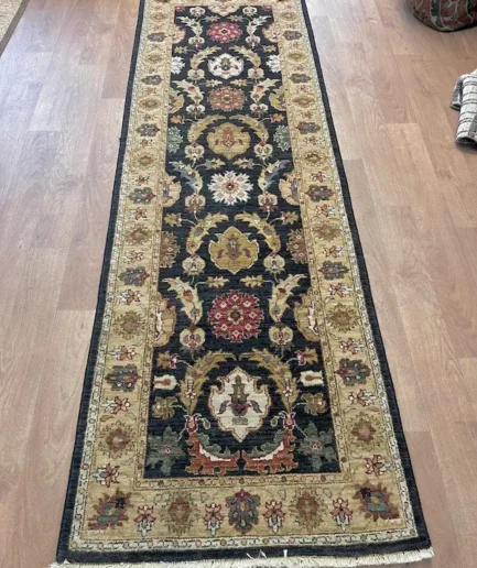 Ornate patterned rug on wooden floor